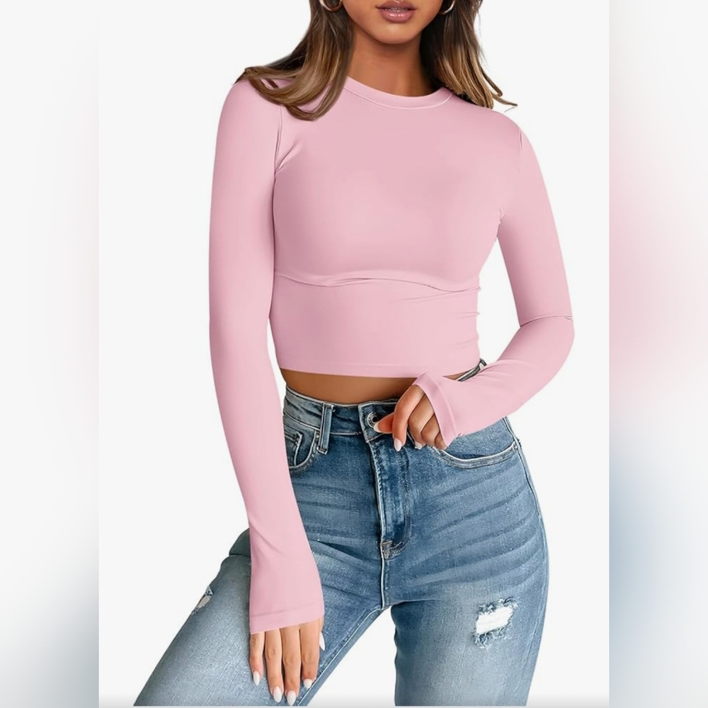Women's Pink Long Sleeve Crop Top
